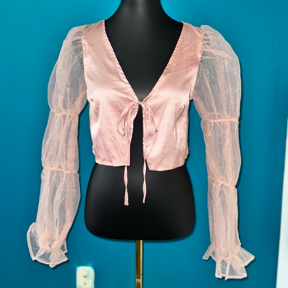 SHEIN Pink Tie-Front Blouse with Sheer Sleeves
